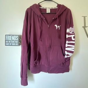 PINK Zip Up Sweatshirt Hoodie | Maroon | Large